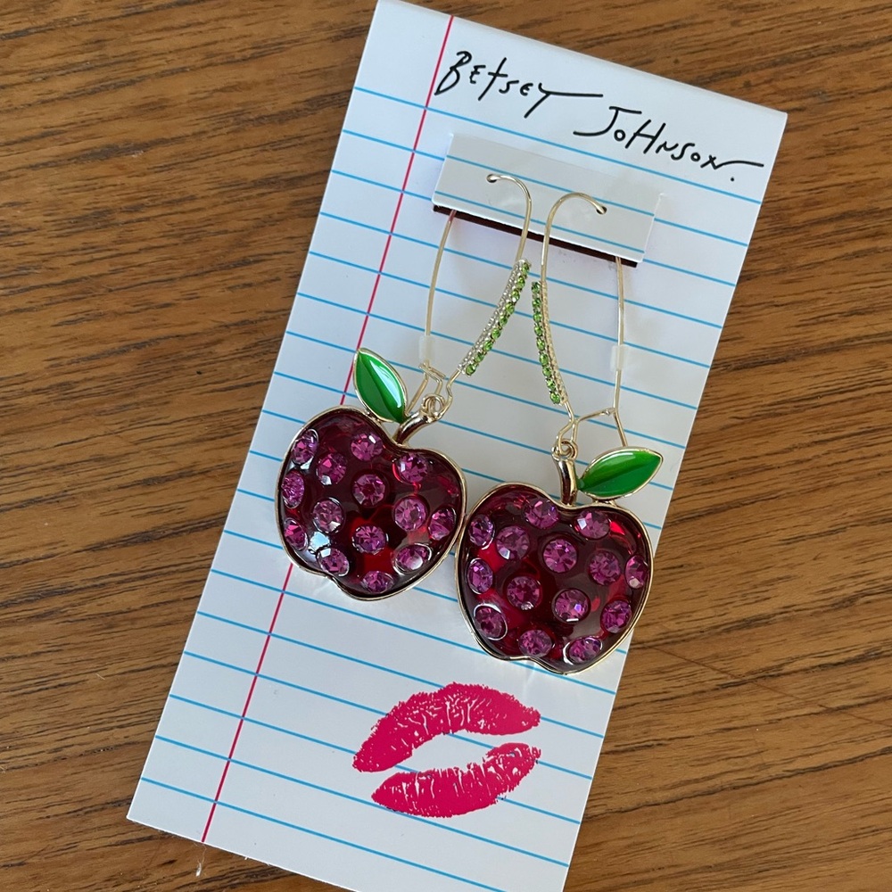 Betsey Johnson Fuchsia Apple Rhinestone and Enamel Drop Earrings